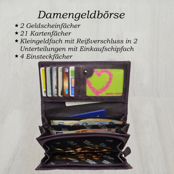 Portemonnaie Damen Wild Leder Geldbeutel mit 21 Kartenfächern (Lila)